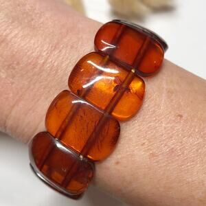 Vintage Baltic Amber Rectangle Chunk Plate Stretch Bracelet Dark Honey Amber